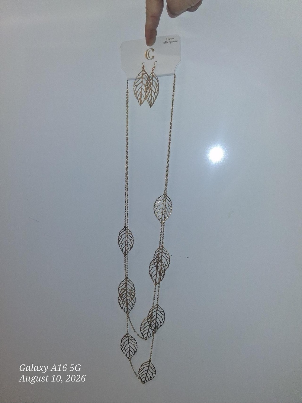 C Gold Leaf Long Necklace with Matching Earrings